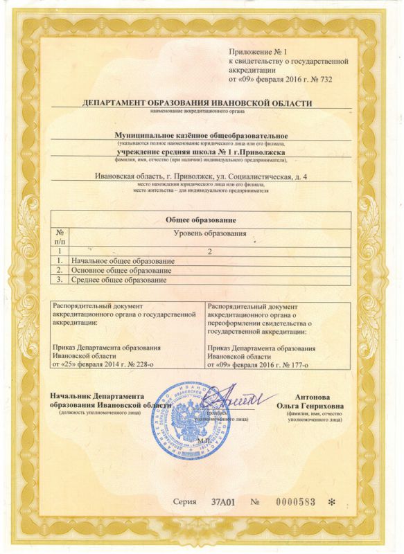Свидетельство о государственной аккредитации  выдано Департаментом образования Ивановской области (срок действия: до 25.02.2026 г)
